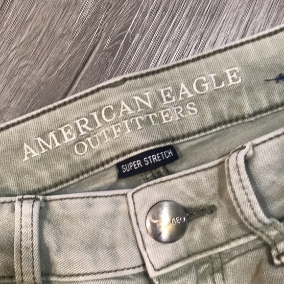 American Eagle “Hi-Rise Shortie” Light Olive Green Distressed Denim Shorts - Picture 5 of 7
